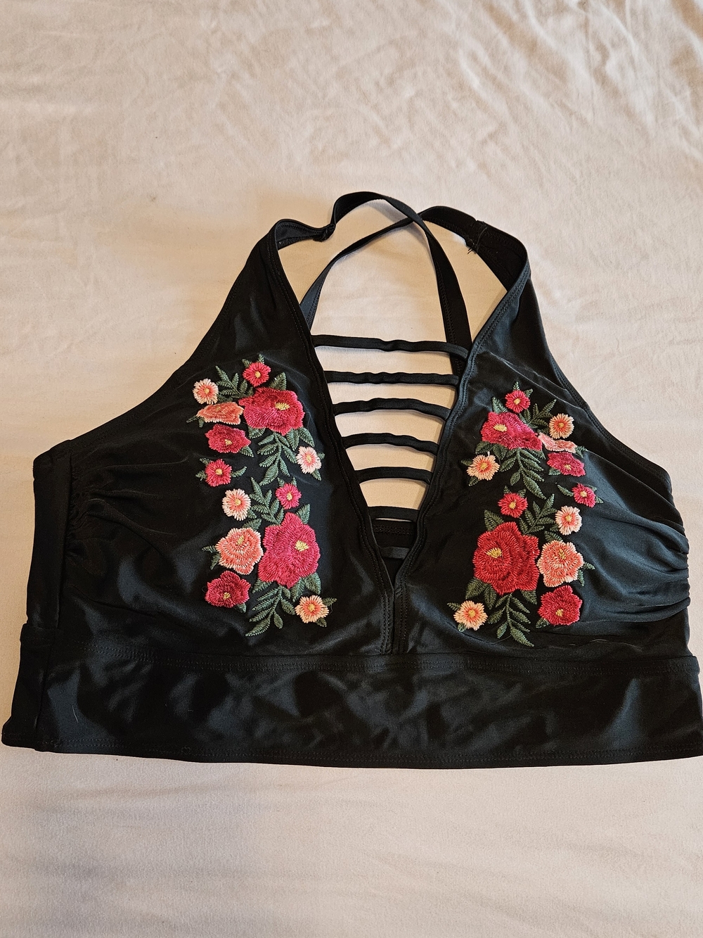 Black Strappy Bikini Top with Red & Pink Floral Embroidery